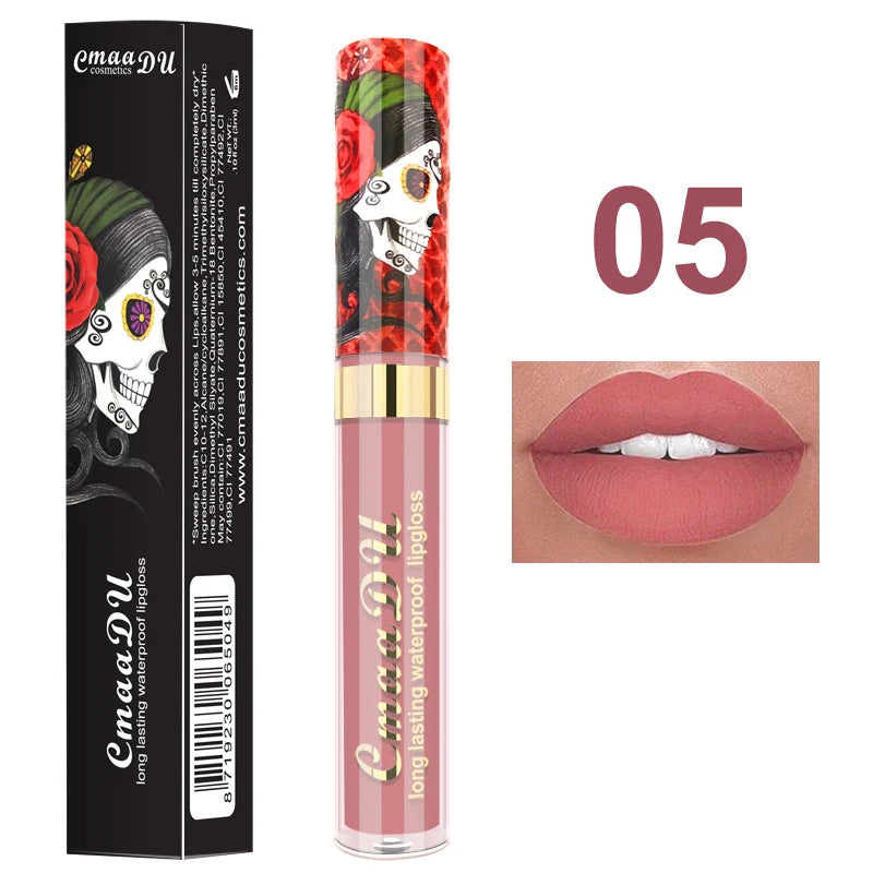 1pcs Matte Lip Gloss - Long-Lasting, Waterproof, Non-Fading, for All Skin Types - Vibrant Red Shades with Floral & Skull Designs