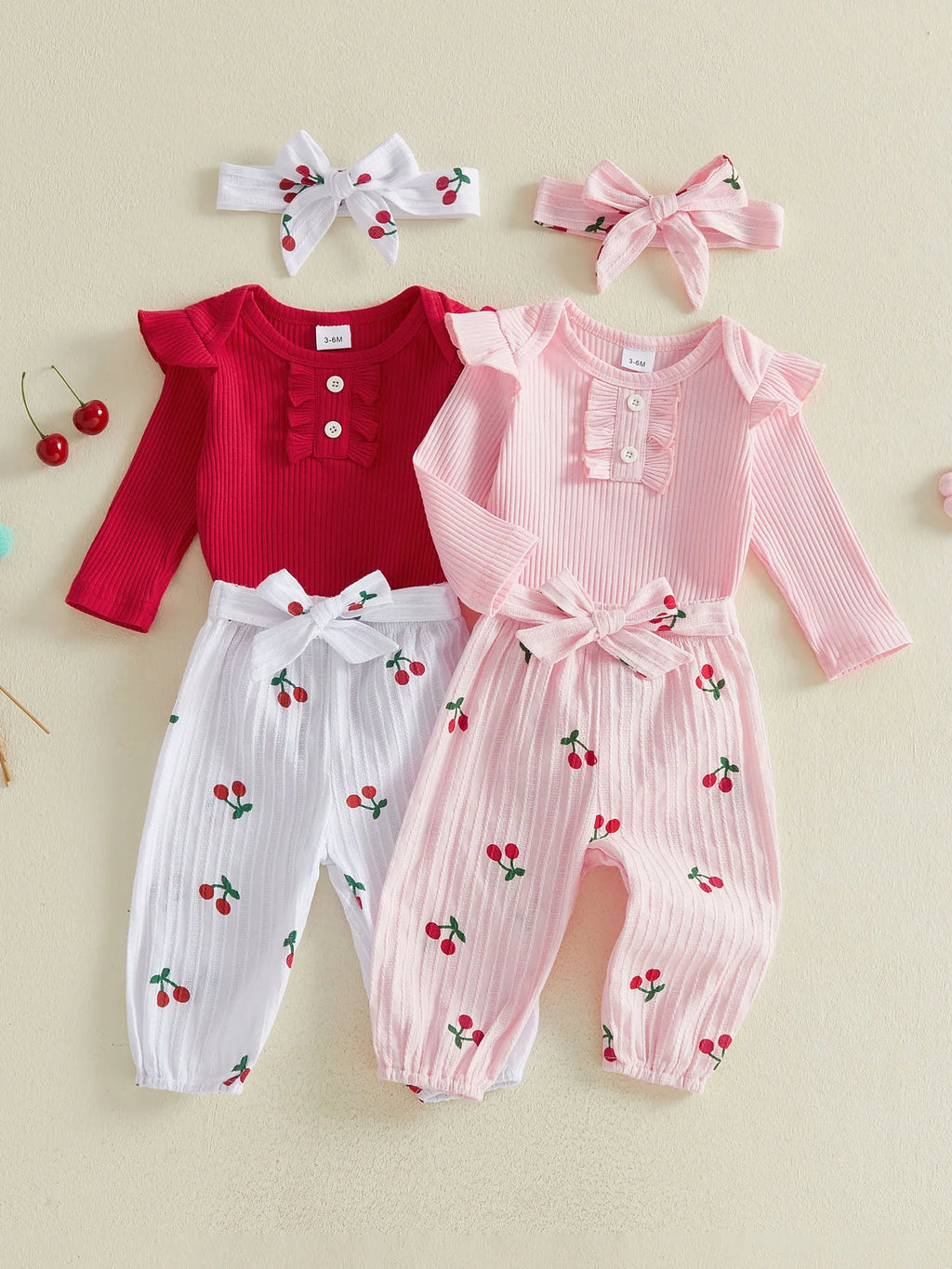 Baby Girls Fall Outfit, Long Sleeve Romper with Cherry Print Pants and Headband Clothing Set