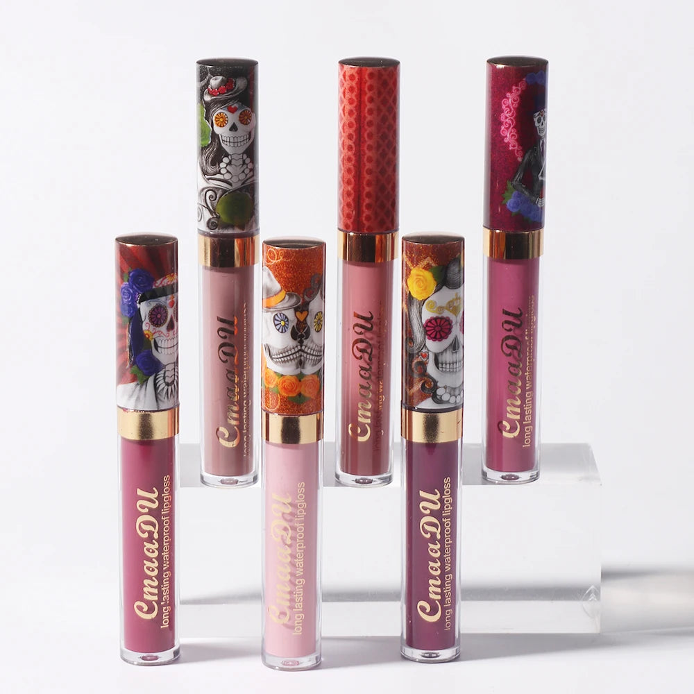 1pcs Matte Lip Gloss - Long-Lasting, Waterproof, Non-Fading, for All Skin Types - Vibrant Red Shades with Floral & Skull Designs