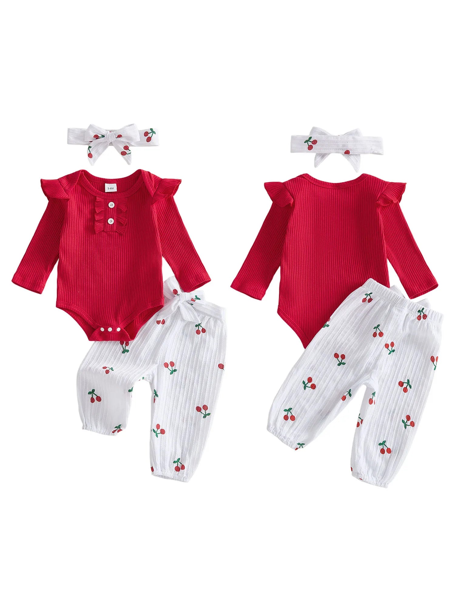 Baby Girls Fall Outfit, Long Sleeve Romper with Cherry Print Pants and Headband Clothing Set
