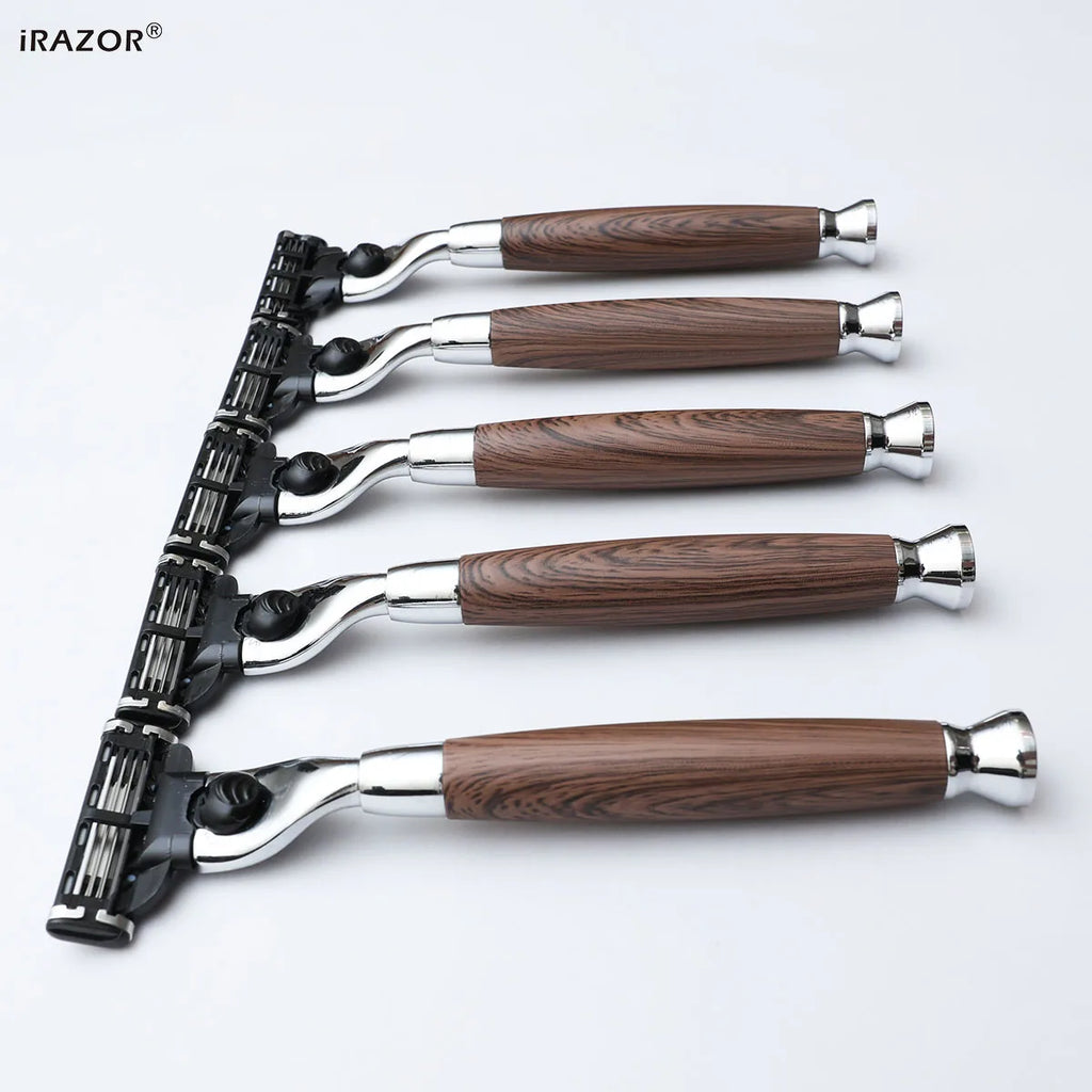 iRAZOR Classic 3-Layer Triple Blade Shaving Razor with Aluminium Wood Grain Handle Beard Grooming Tool for Men Birthday Gift