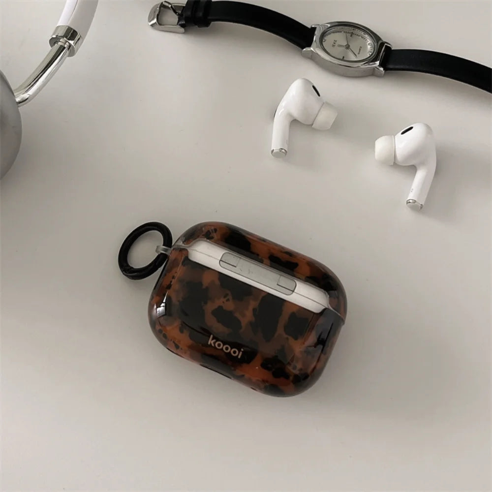 Tortoiseshell Case for AirPods 1/2/3/4/Pro/Pro 2, Shockproof Glossy Cover, Wireless Charging Compatible, Stylish Amber Design