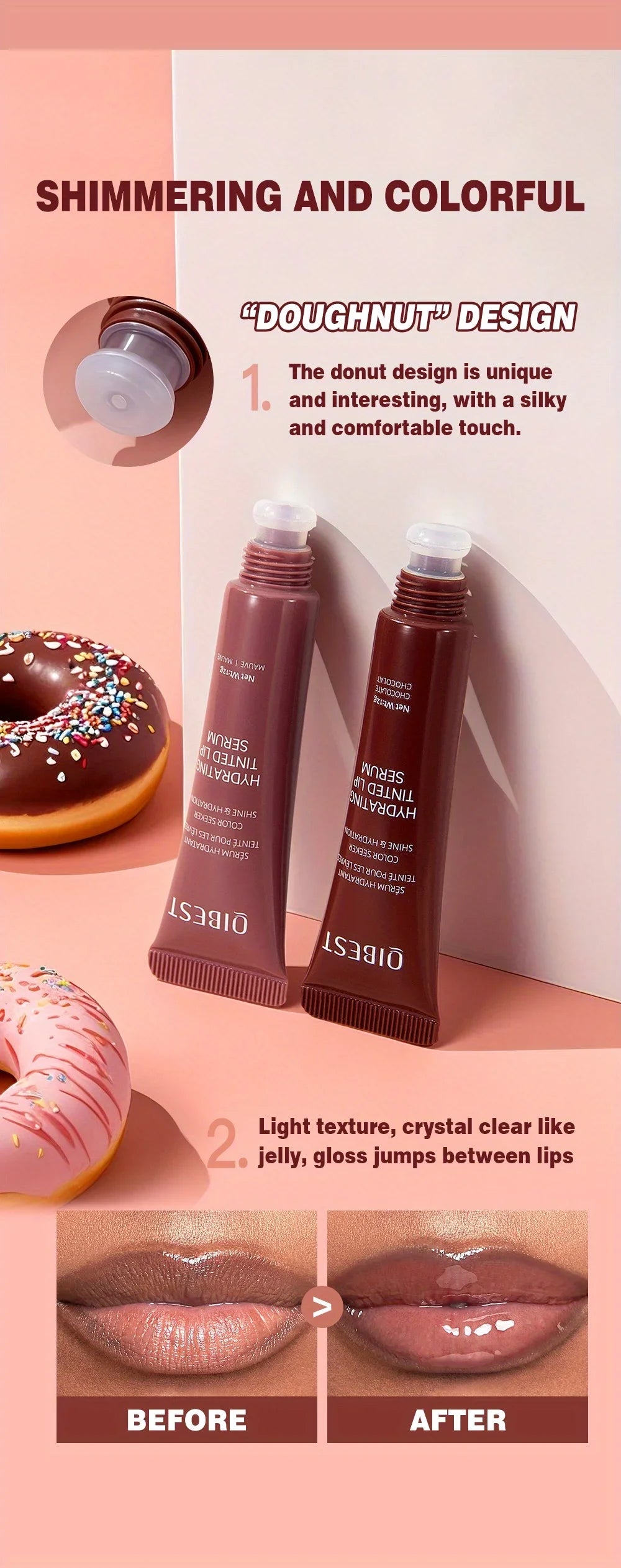 Colored lip gloss, liquid hydrating and moisturizing, light and shiny lip balm, water gloss lip glaze moisturizing lip milk.