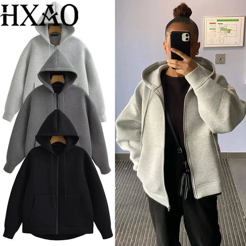 HXAO Hoodie Woman Outerwears Long Sleeve Demi-Season Women Jacket Coat Casual Sweatshirt With Zipper Grey Black Jacket Coats