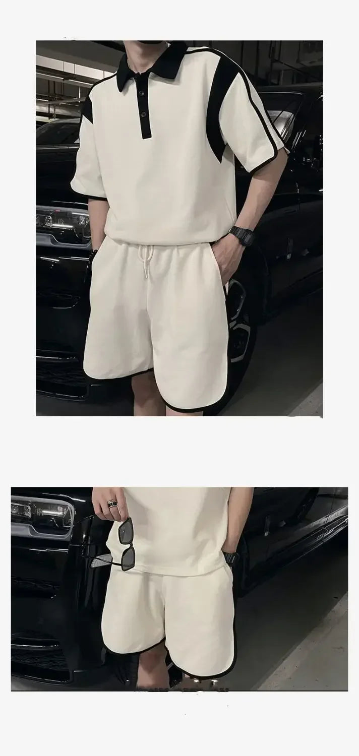 Men's High-end Outfit Suits for Summer Pairing with Handsome Polo Shirt Short-sleeved Shorts Cool Handsome Two-piece Set