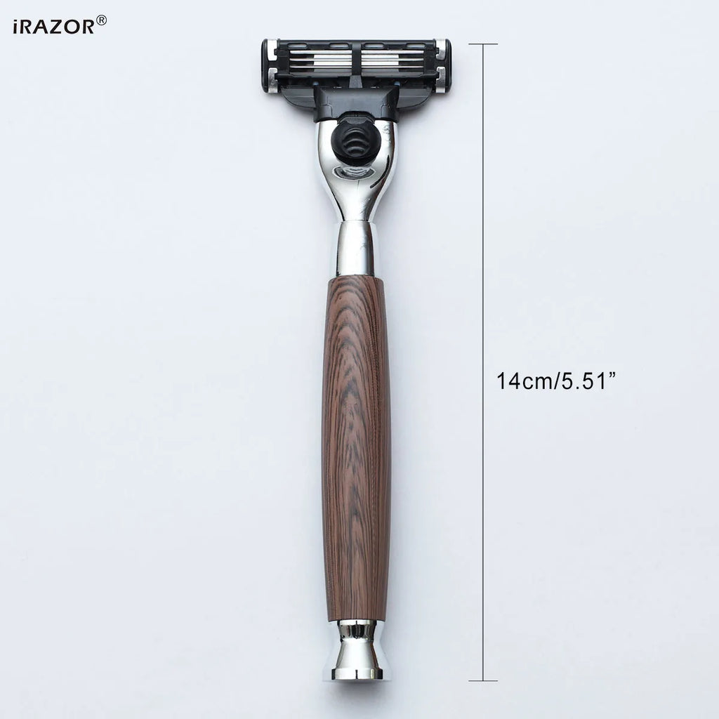 iRAZOR Classic 3-Layer Triple Blade Shaving Razor with Aluminium Wood Grain Handle Beard Grooming Tool for Men Birthday Gift