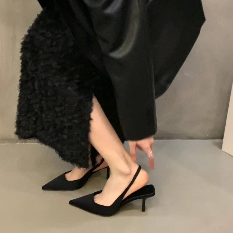 Women Summer Shoes 2024 New Fashion Pointed Toe Stiletto Medium Heel High Heels Women Back Empty Toe Sandals Green Women's Shoes