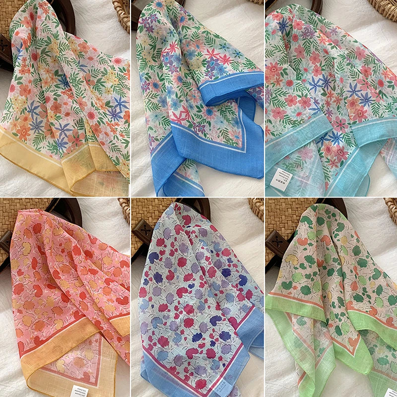 Fashion Flower Print Small Scarf For Women Girls Luxury Head Scarf Sweet Thin Scarf Outdoors Beach Sunscreen Scarf Gifts