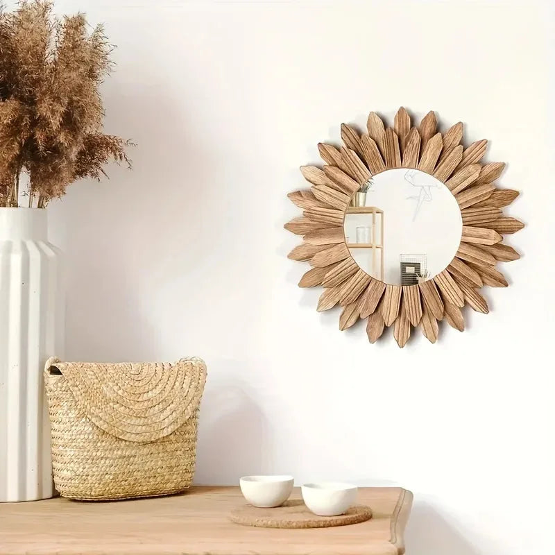 Bohemian Atmosphere Decorative Mirror - Sunflower Wooden Wall-Mounted, Round Makeup Mirror for Bedroom & Bathroom