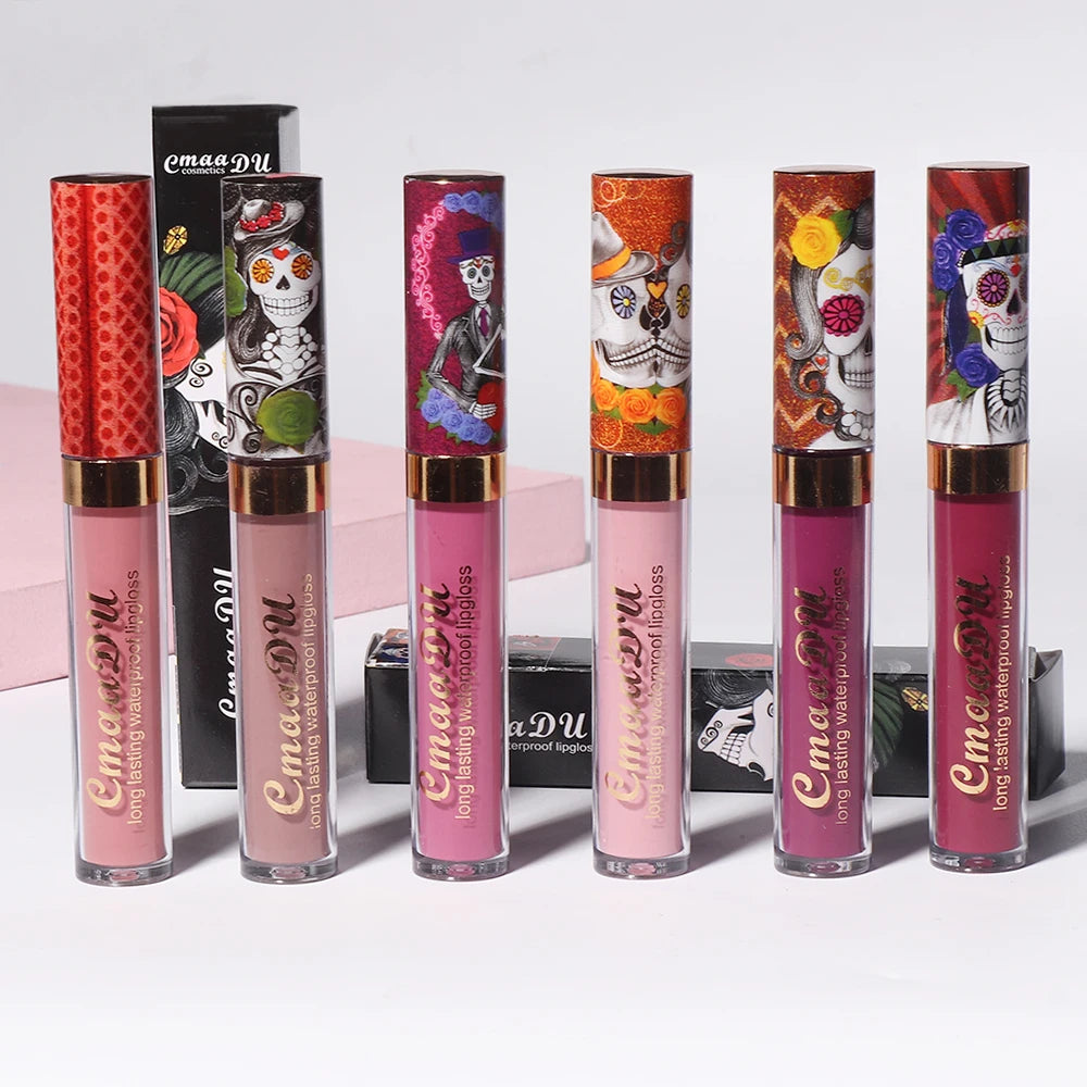 1pcs Matte Lip Gloss - Long-Lasting, Waterproof, Non-Fading, for All Skin Types - Vibrant Red Shades with Floral & Skull Designs