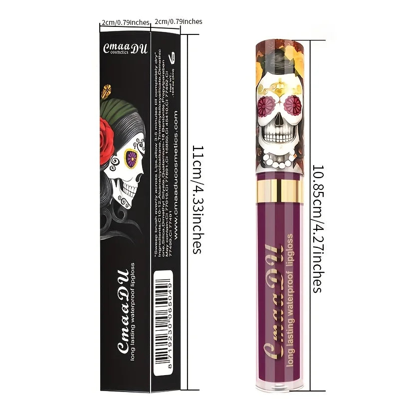 1pcs Matte Lip Gloss - Long-Lasting, Waterproof, Non-Fading, for All Skin Types - Vibrant Red Shades with Floral & Skull Designs