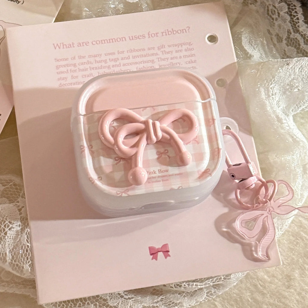 Korean Cute 3D Pink Bowknot Earphone Case for Airpods 4 2 3 1 Pro 3 2 Wireless Bluetooth Headset Protective Cover With  KeyChain