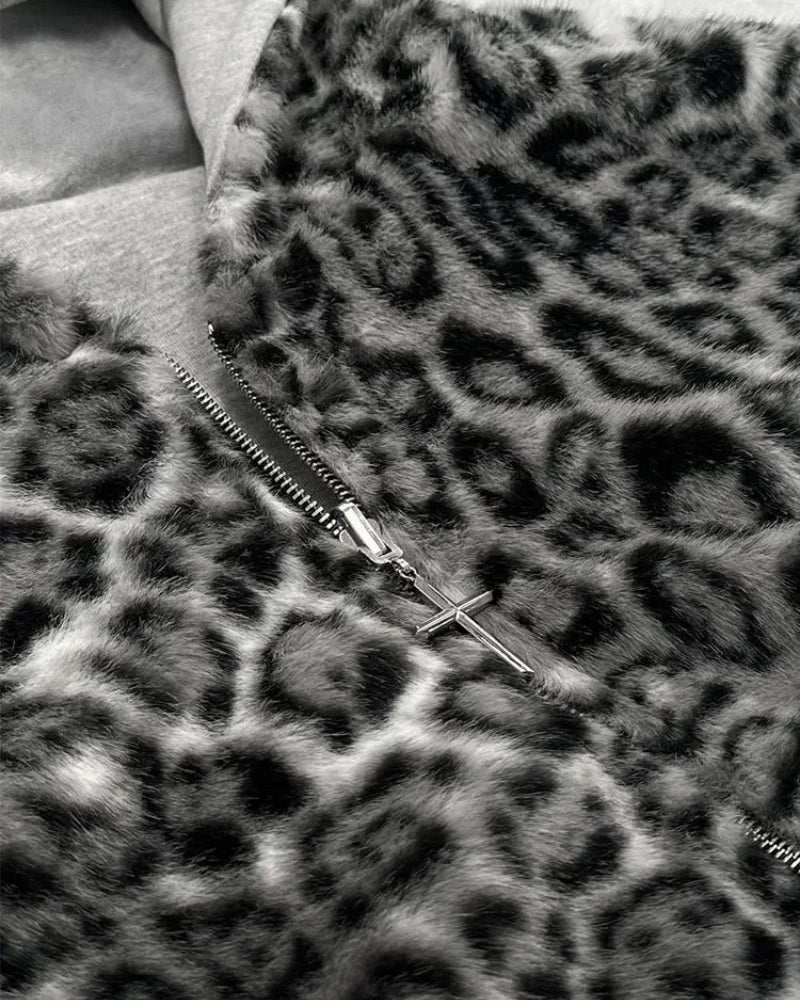 2025 New Autumn/Winter Hoodie with Retro Leopard Pattern Zipper Hoodie Top on Both Sides