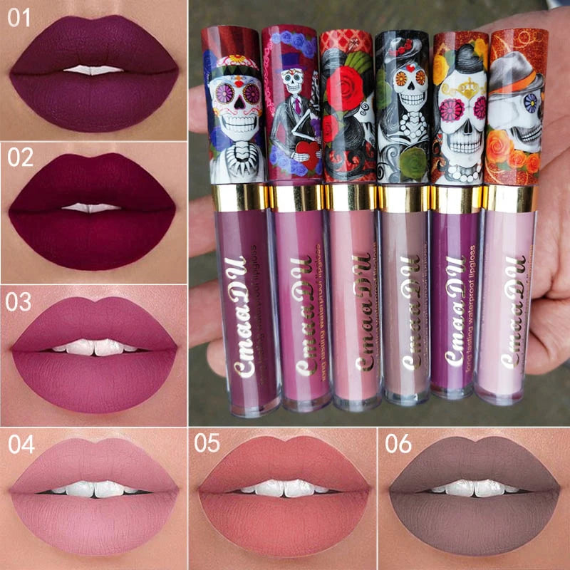 1pcs Matte Lip Gloss - Long-Lasting, Waterproof, Non-Fading, for All Skin Types - Vibrant Red Shades with Floral & Skull Designs