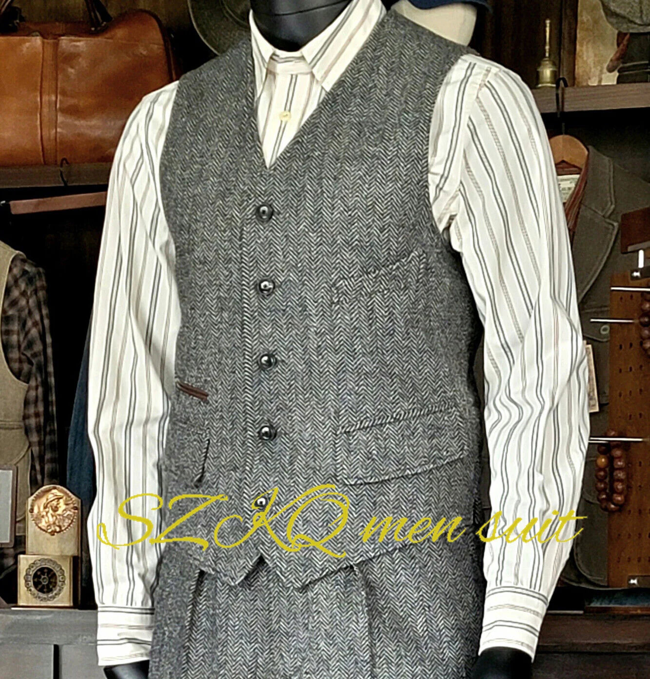 Mens Suit 2 Piece Waistcoat Vest Pants Herringbone Retro Vintage Trousers For Wedding Retro Wool Outfit