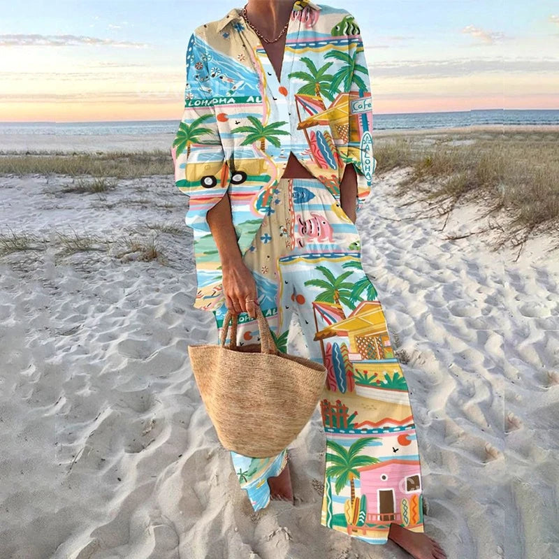 Fashion Vacation Style Print Suits for Women Fashion Versatile Lapel Long Sleeve Shirt Top and Loose Straight Pants 2 Piece Set