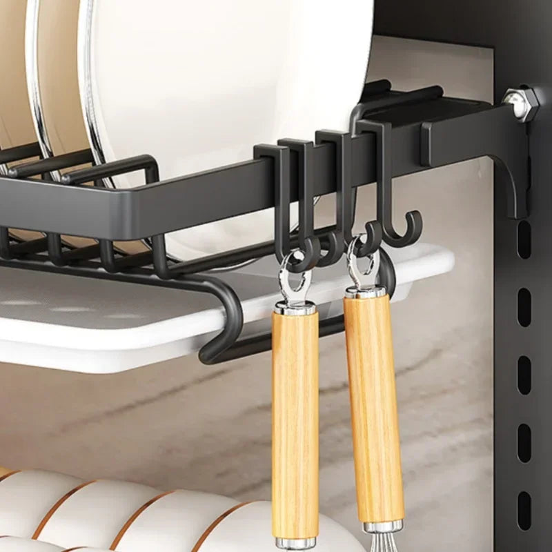 Kitchen Dish Rack Wall Mounted Multifunctional Storage Rack No-hole Cupboard with Chopsticks Knives Plates Draining Storage