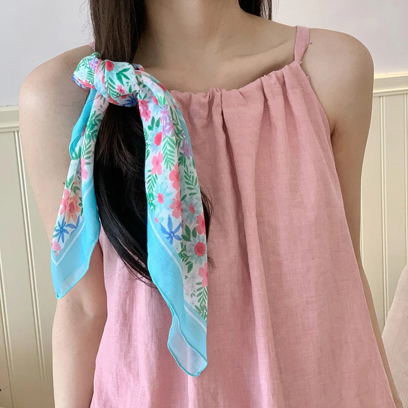Fashion Flower Print Small Scarf For Women Girls Luxury Head Scarf Sweet Thin Scarf Outdoors Beach Sunscreen Scarf Gifts