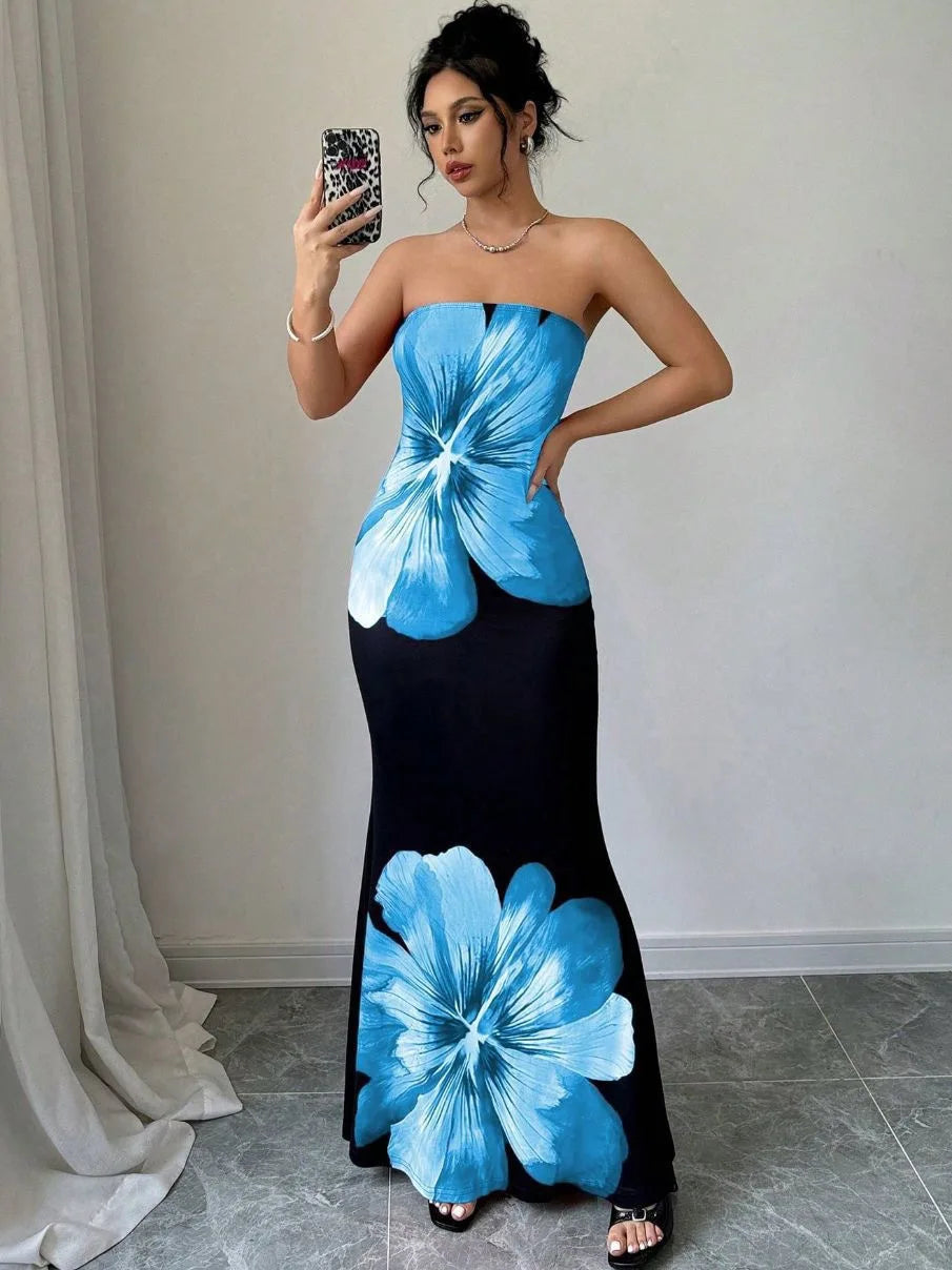 Fashion Milk Silk Fabric Floral Print Sexy Long Dresses Elegant Backless Bodycon High Waist Midi Dress 2025 Summer Vacation Boho