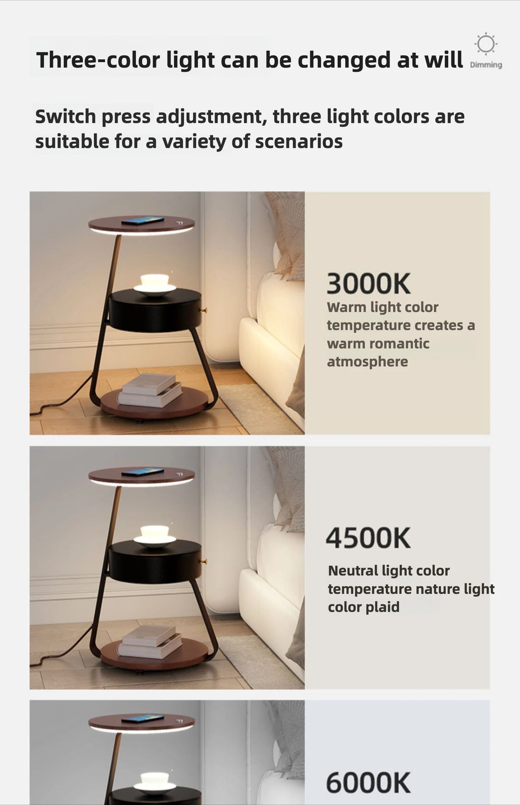 Bedroom Minimalist Nightstands Small Space Round Light Smart Bedside Table With Wireless Charger Nachttisch Library Furniture