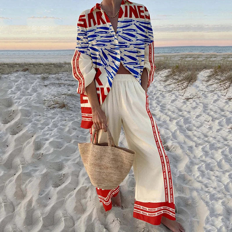 Fashion Vacation Style Print Suits for Women Fashion Versatile Lapel Long Sleeve Shirt Top and Loose Straight Pants 2 Piece Set