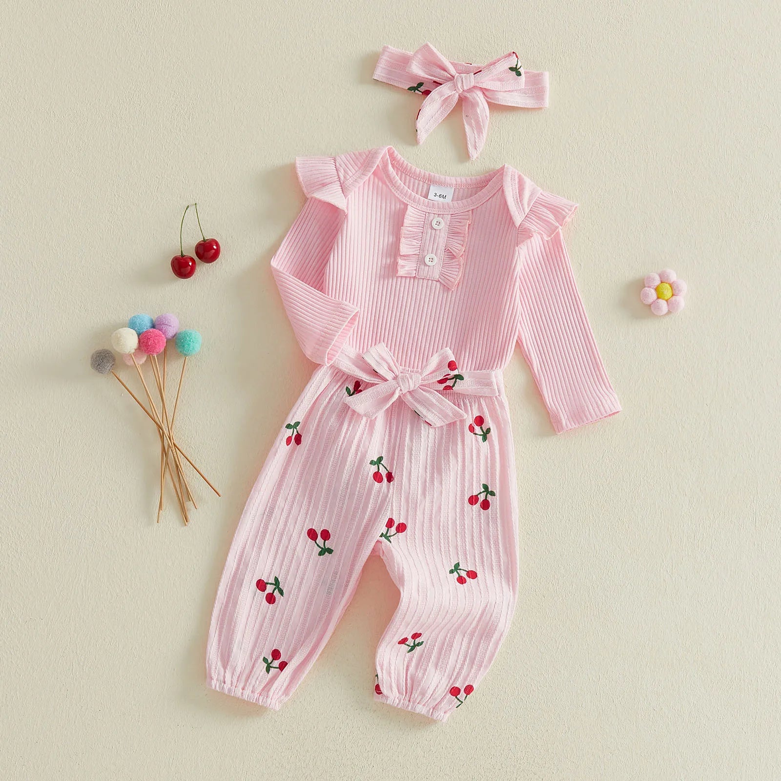 Baby Girls Fall Outfit, Long Sleeve Romper with Cherry Print Pants and Headband Clothing Set