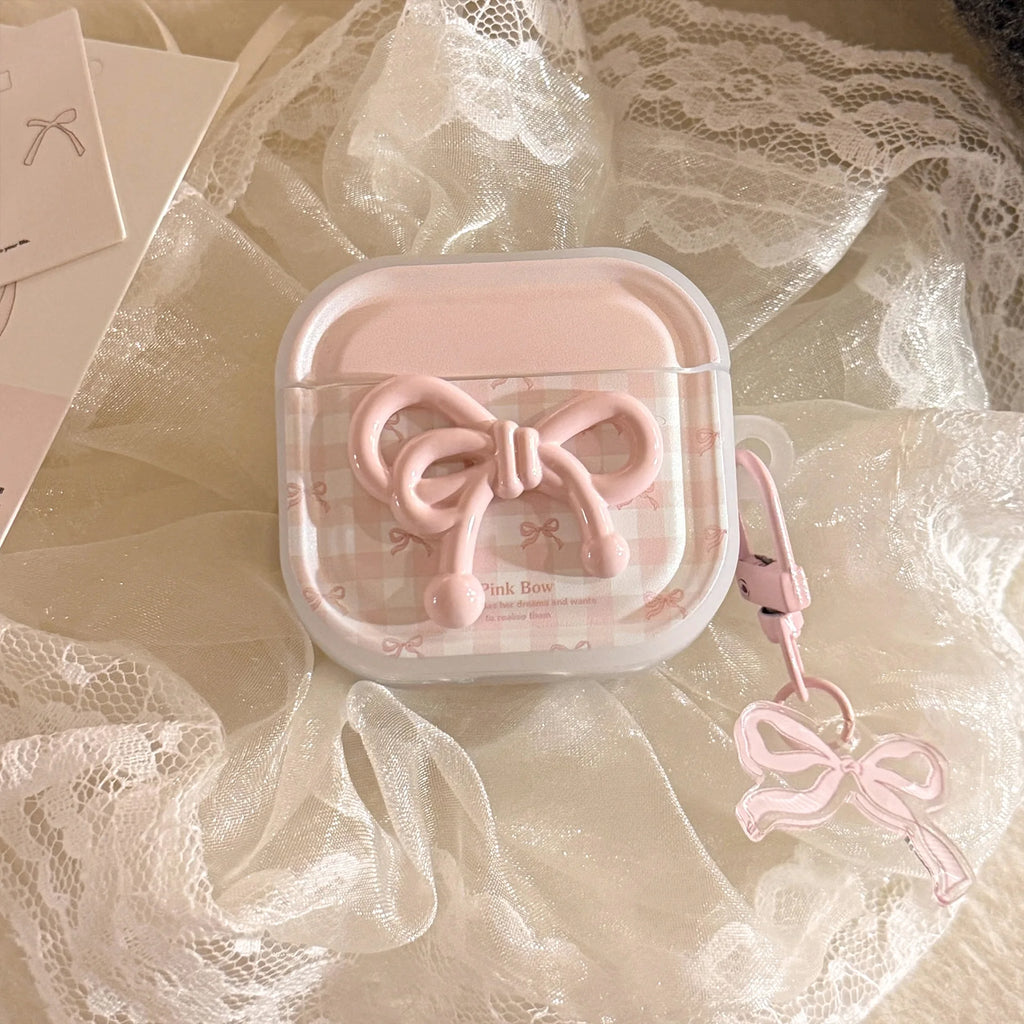 Korean Cute 3D Pink Bowknot Earphone Case for Airpods 4 2 3 1 Pro 3 2 Wireless Bluetooth Headset Protective Cover With  KeyChain