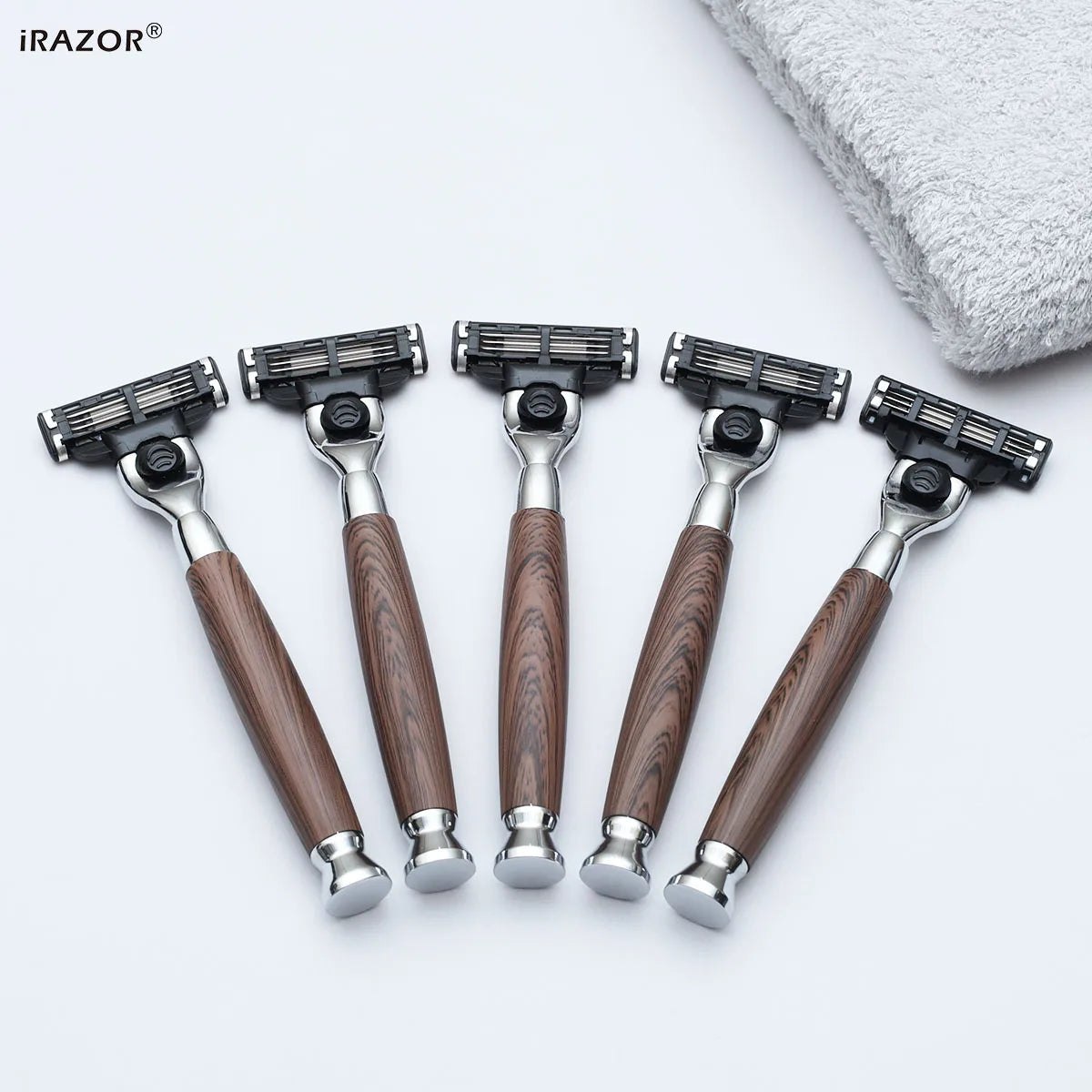 iRAZOR Classic 3-Layer Triple Blade Shaving Razor with Aluminium Wood Grain Handle Beard Grooming Tool for Men Birthday Gift