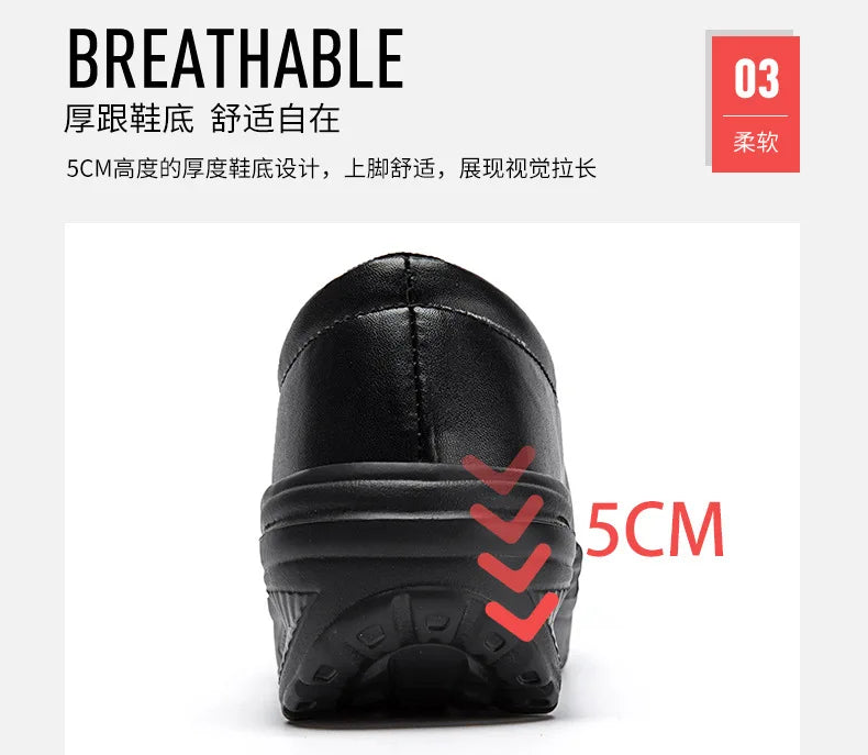 2026 Women's Shoes Spring Genuine Leather Soft Outsole Work Shoes Female Black Swing Woman Plus Size Wedges Single