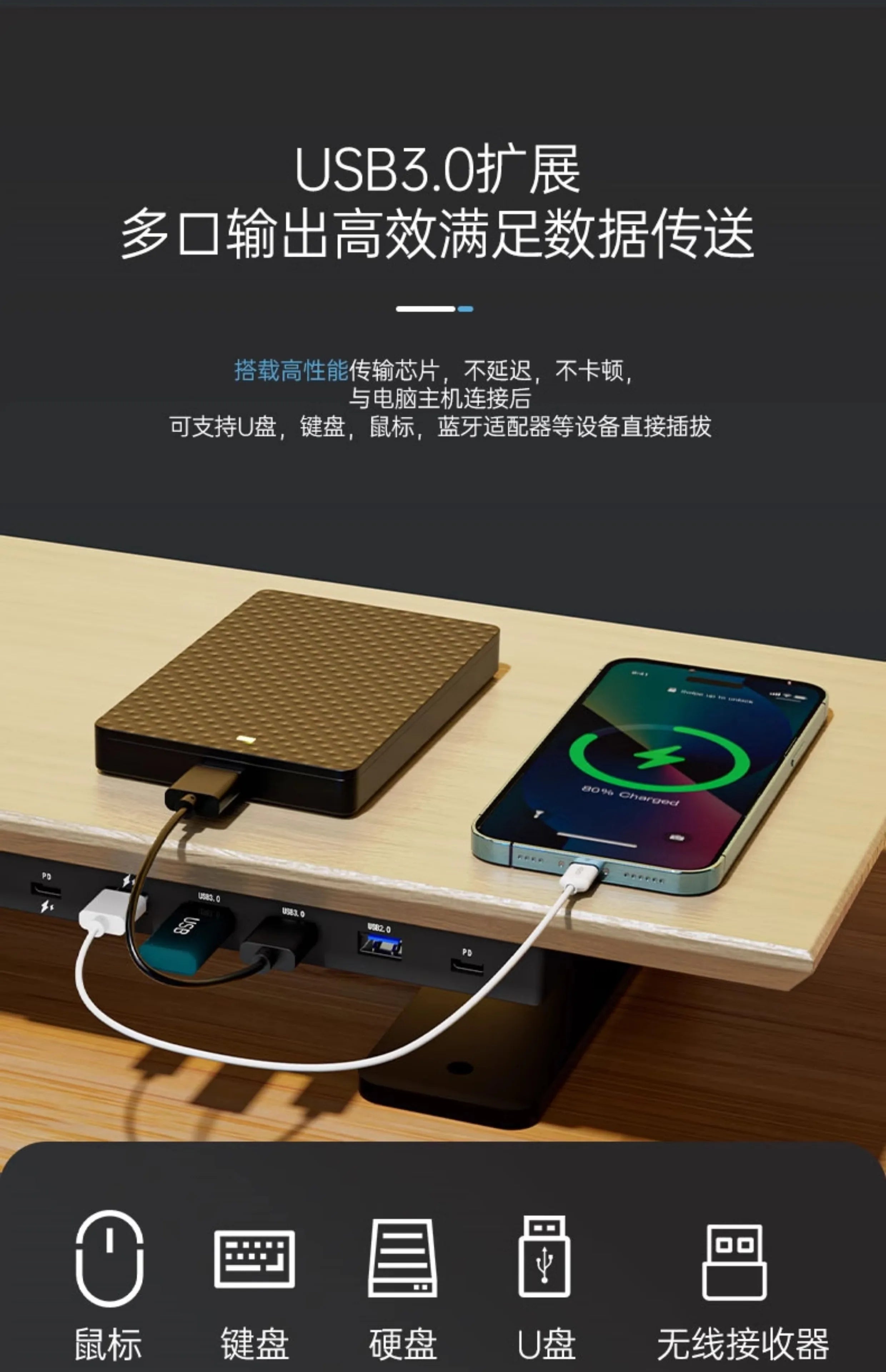 Solid Wood Gaming Desk Top with Monitor Riser Stand Charging Shelf & USB Hub Hidden Storage USB Dock for PC Gaming Setup