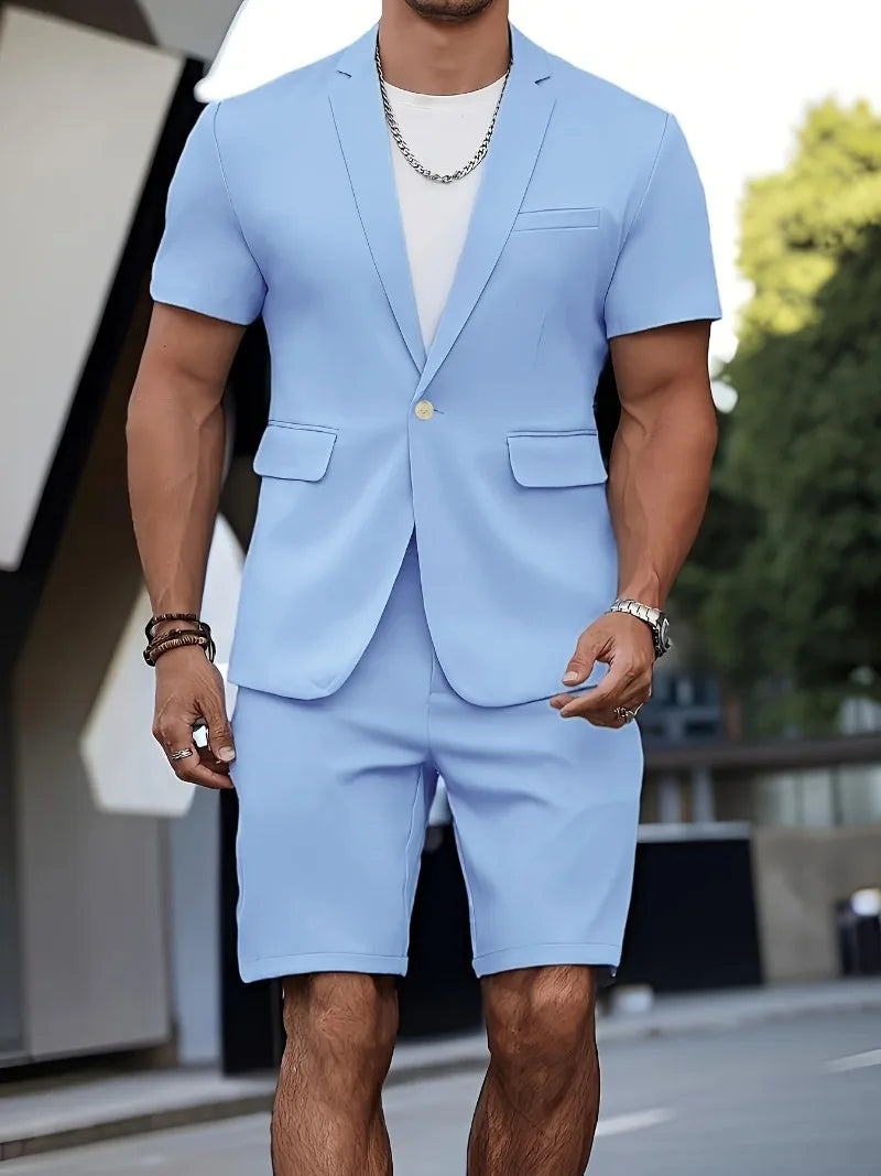 Men's Suit Summer Casual Suit 2 Piece Short Sleeve Suit Blazer 5 Inch Dress Shorts for Outdoor Beach Weddings Casual Occasions