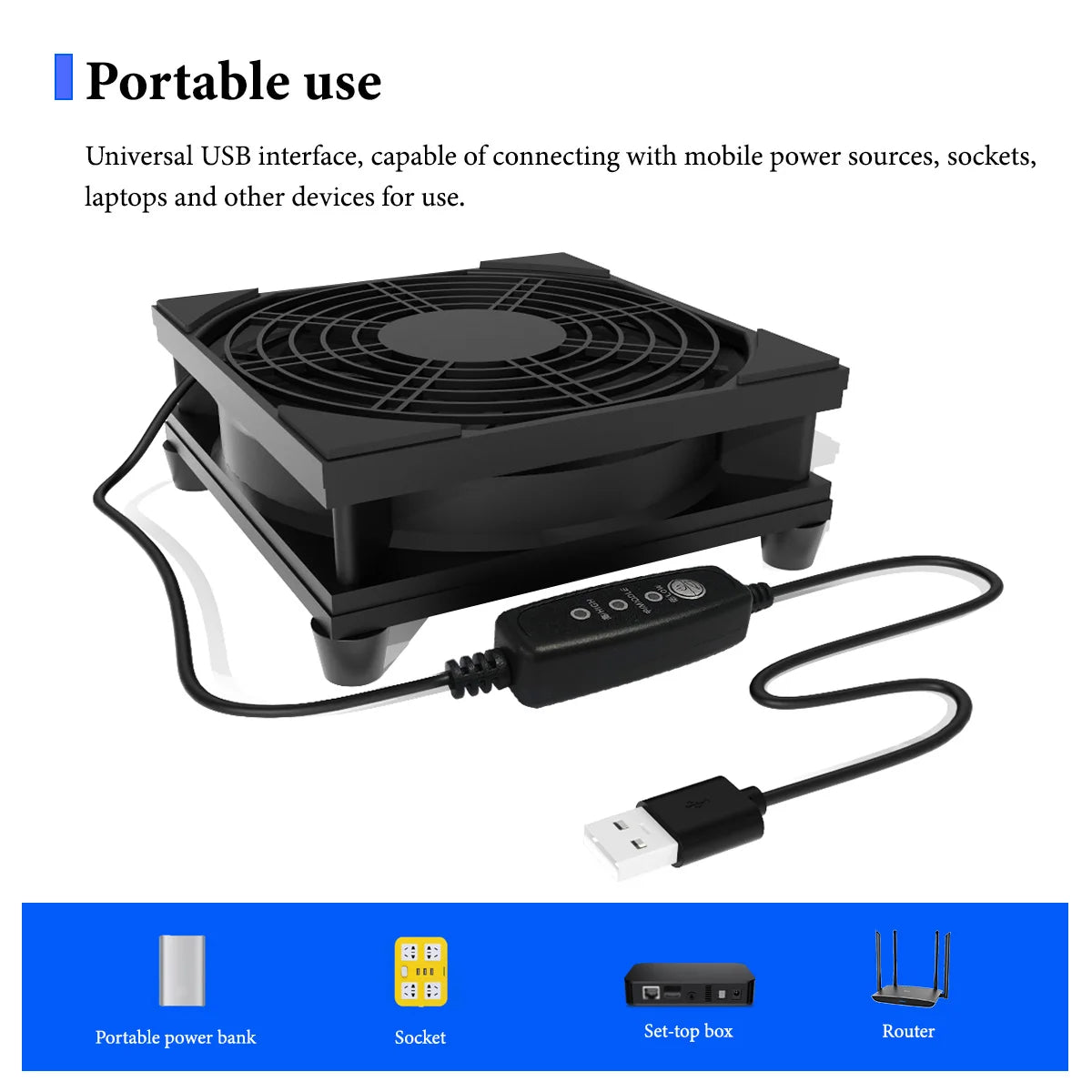 CX FUTRUE The 5V USB-powered fan supports three-speed adjustment and is suitable for cooling electronic devices such as routers.