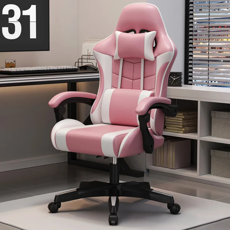 Gaming Chair For Video Game Or Office With Lumbar And Cervical Cushion Ergonomic Adjustable In Height And Reclining  Adjustable