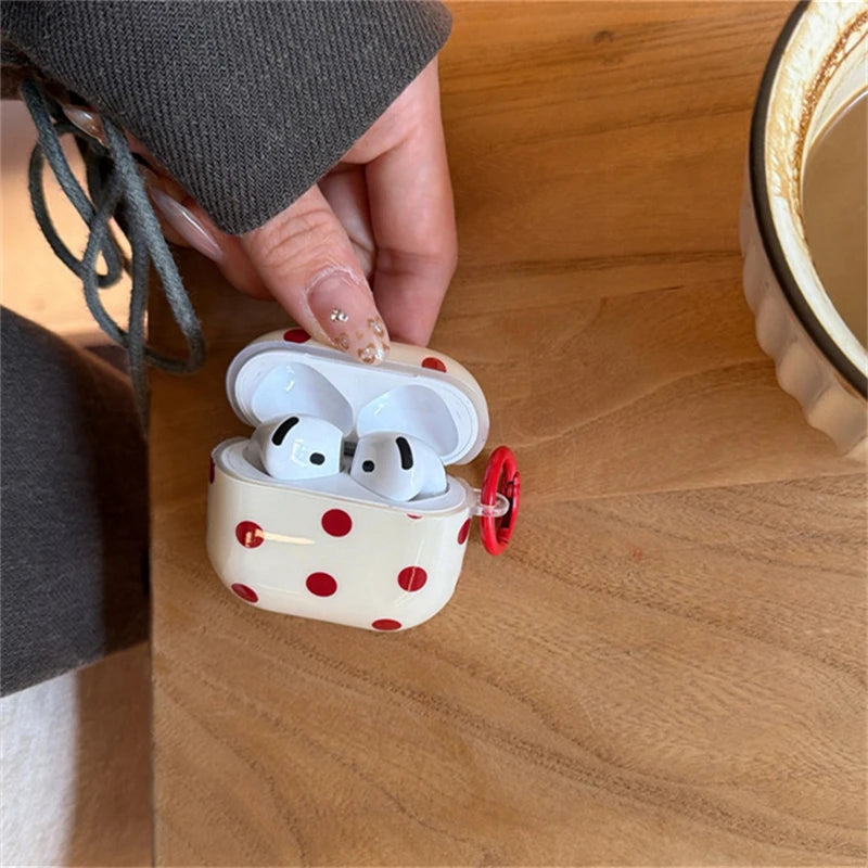 INS Korean Cute Red Polka Dot Glossy Beige Earphone Case Cover for AirPods 1 2 3 4 Pro 2 Pro 3 Shockproof Protective Case