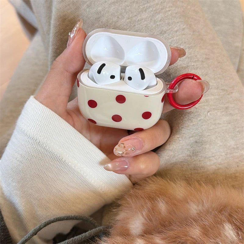 INS Korean Cute Red Polka Dot Glossy Beige Earphone Case Cover for AirPods 1 2 3 4 Pro 2 Pro 3 Shockproof Protective Case