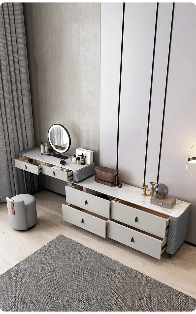 Modern minimalist bedroom slate dressing table storage cabinet integrated LED mirror makeup table stool combination