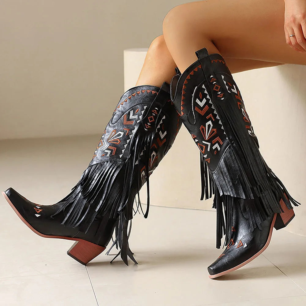 GIGIFOX Retro Tassel Embroidered Cowgirl Mid-Calf Women Western Boots Pointed Toe Chunky High Heel Cowboy Cool All-Match Shoes