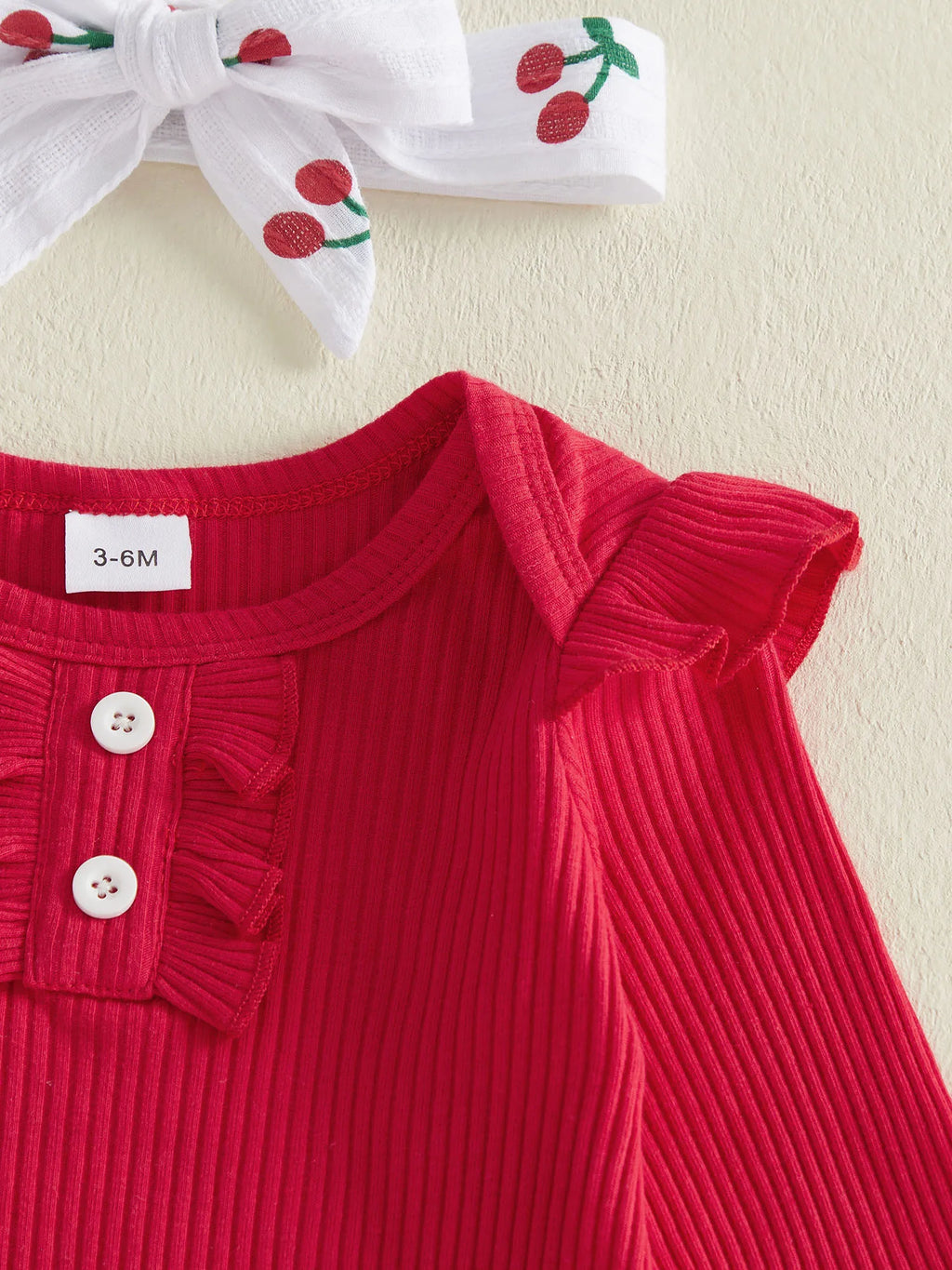 Baby Girls Fall Outfit, Long Sleeve Romper with Cherry Print Pants and Headband Clothing Set