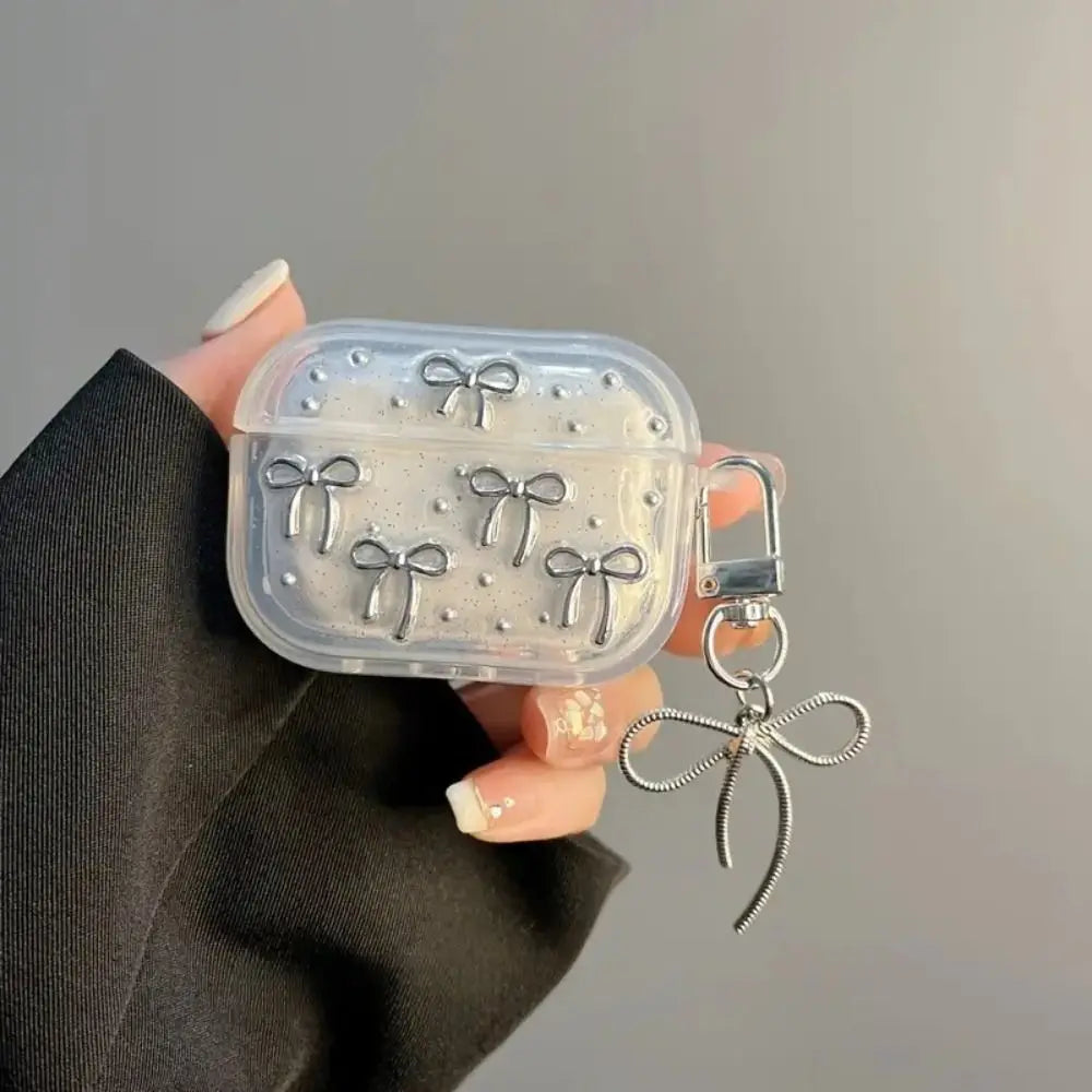 Cute Silver Bowknot Headphones Case with Pendant Clear Protective Shell Shockproof TPU Soft Cover for Airpods 4/3/2/1/pro2/pro