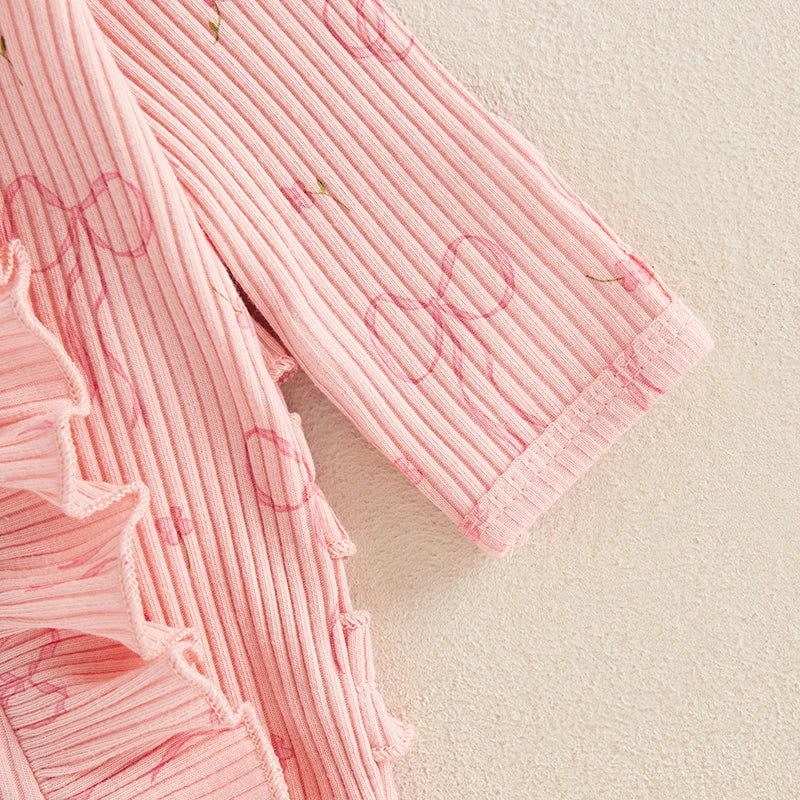 Infant Baby Girl Outfit Bow Print Long Sleeve Ruffled Zipper Front Ribbed Jumpsuit Bow Headband Newborn Clothes