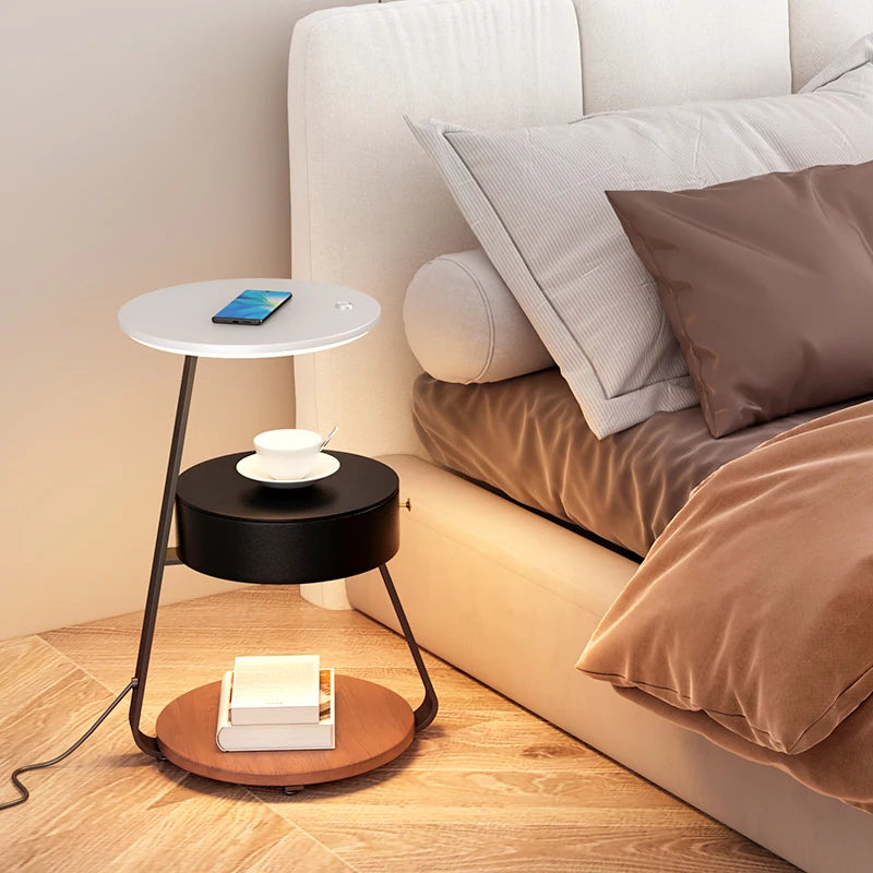 Bedroom Minimalist Nightstands Small Space Round Light Smart Bedside Table With Wireless Charger Nachttisch Library Furniture
