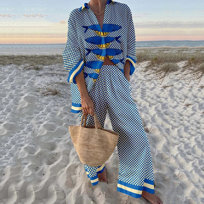Fashion Vacation Style Print Suits for Women Fashion Versatile Lapel Long Sleeve Shirt Top and Loose Straight Pants 2 Piece Set