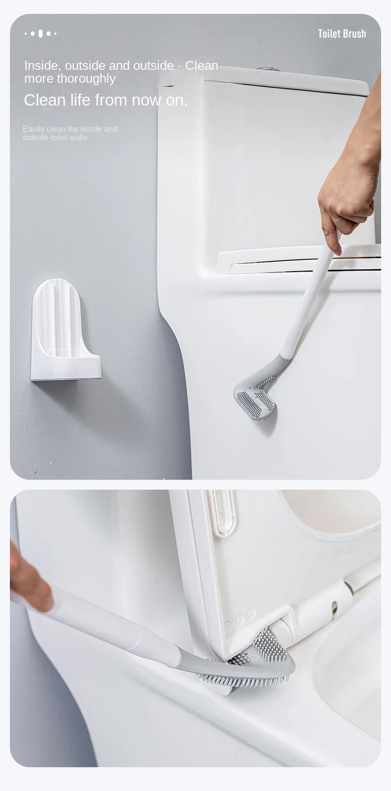 Toilet Brush with Base, Wall-Mounted Bathroom Cleaning Tool with Quick Drainage, All-Round Cleaning Brush, Soft Rubber Brush Head, Does Not Damage the Glaze, Toilet Cleaning Brush Bathroom Accessory Set