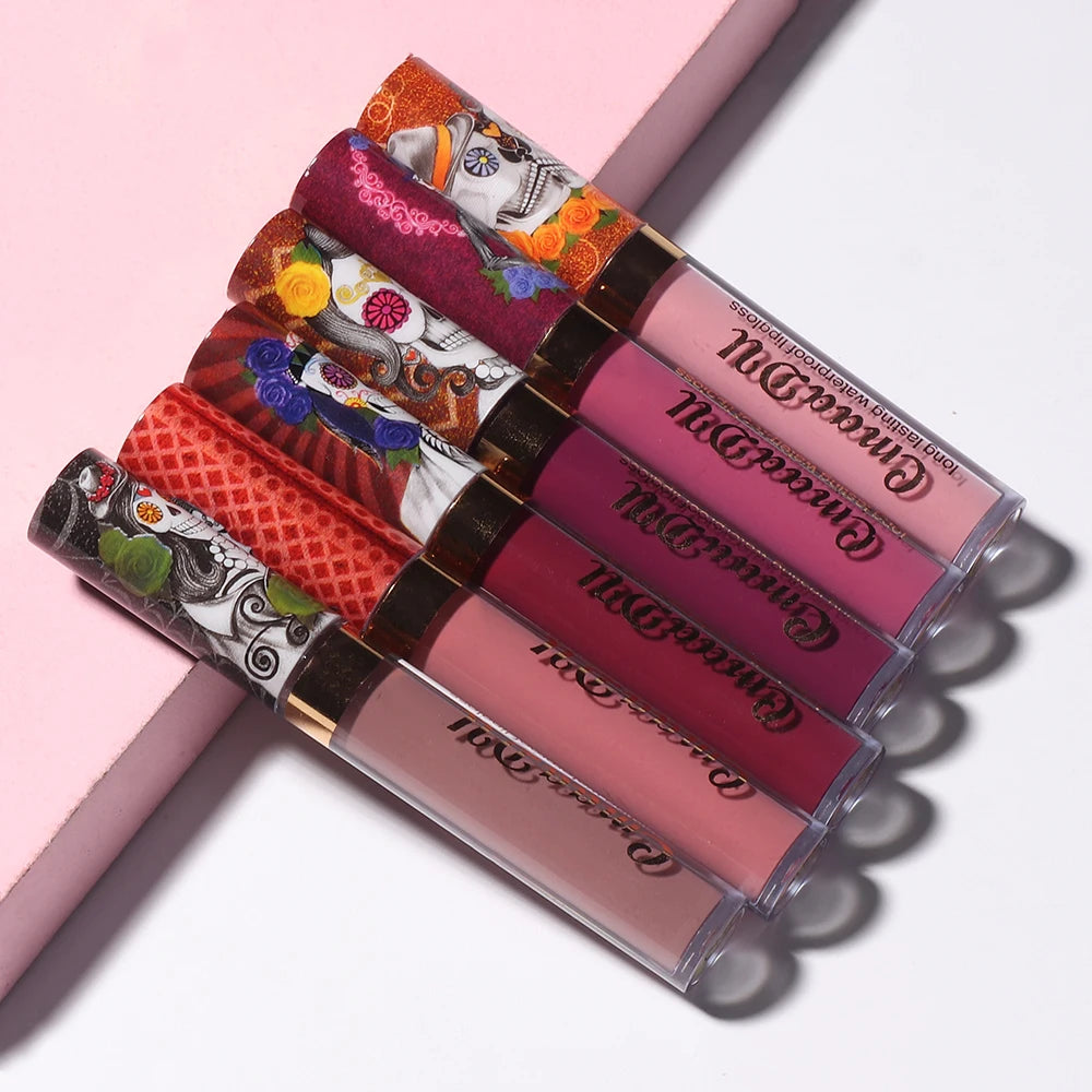 1pcs Matte Lip Gloss - Long-Lasting, Waterproof, Non-Fading, for All Skin Types - Vibrant Red Shades with Floral & Skull Designs