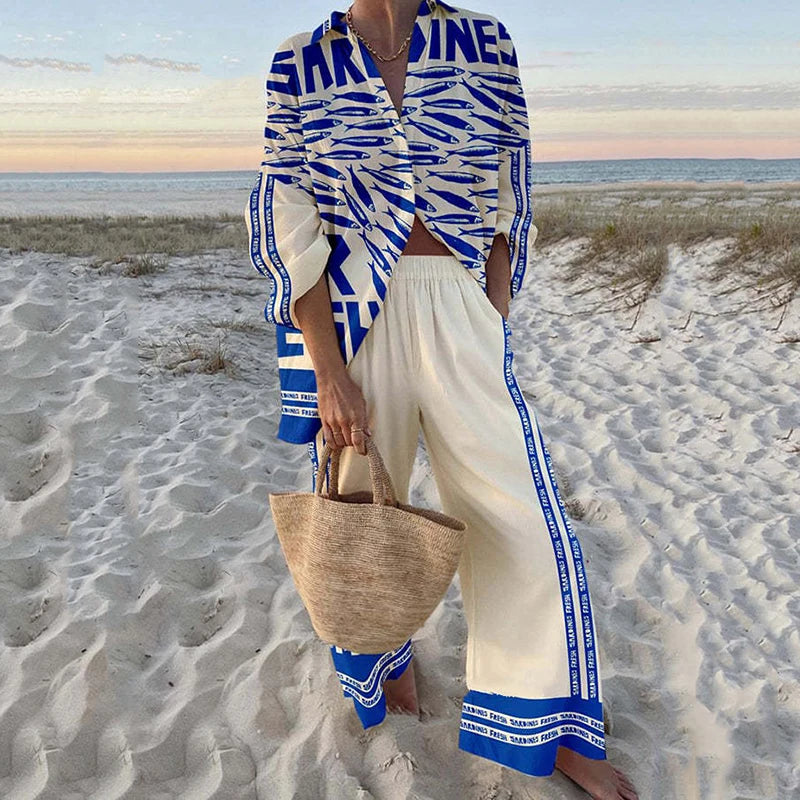 Fashion Vacation Style Print Suits for Women Fashion Versatile Lapel Long Sleeve Shirt Top and Loose Straight Pants 2 Piece Set