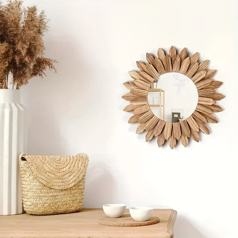 Bohemian Atmosphere Decorative Mirror - Sunflower Wooden Wall-Mounted, Round Makeup Mirror for Bedroom & Bathroom