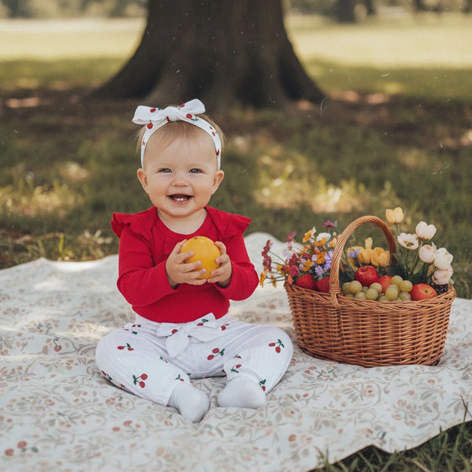 Baby Girls Fall Outfit, Long Sleeve Romper with Cherry Print Pants and Headband Clothing Set