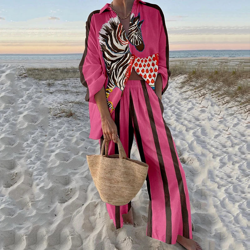 Fashion Vacation Style Print Suits for Women Fashion Versatile Lapel Long Sleeve Shirt Top and Loose Straight Pants 2 Piece Set
