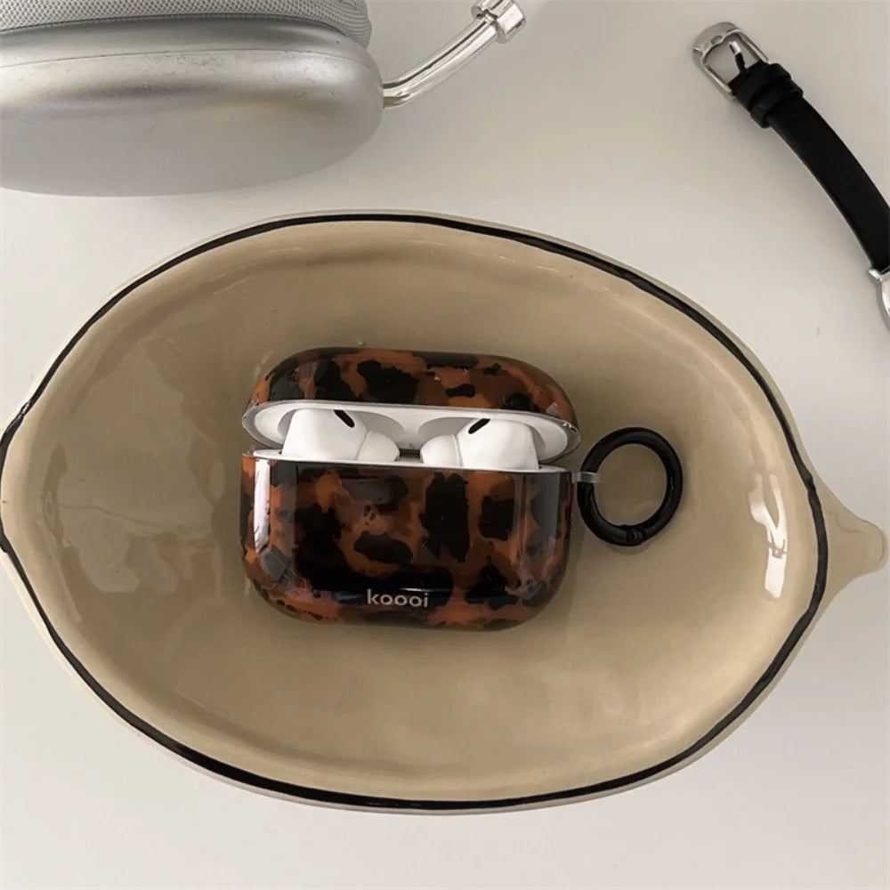 Tortoiseshell Case for AirPods 1/2/3/4/Pro/Pro 2, Shockproof Glossy Cover, Wireless Charging Compatible, Stylish Amber Design
