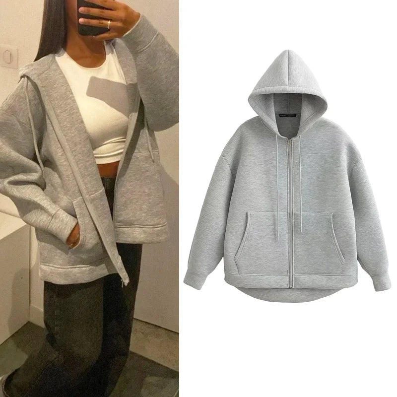 HXAO Hoodie Woman Outerwears Long Sleeve Demi-Season Women Jacket Coat Casual Sweatshirt With Zipper Grey Black Jacket Coats